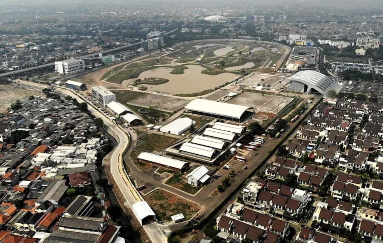 Aerial view of an Asian Games 2018 venue in Jakarta with temporary overlay structures