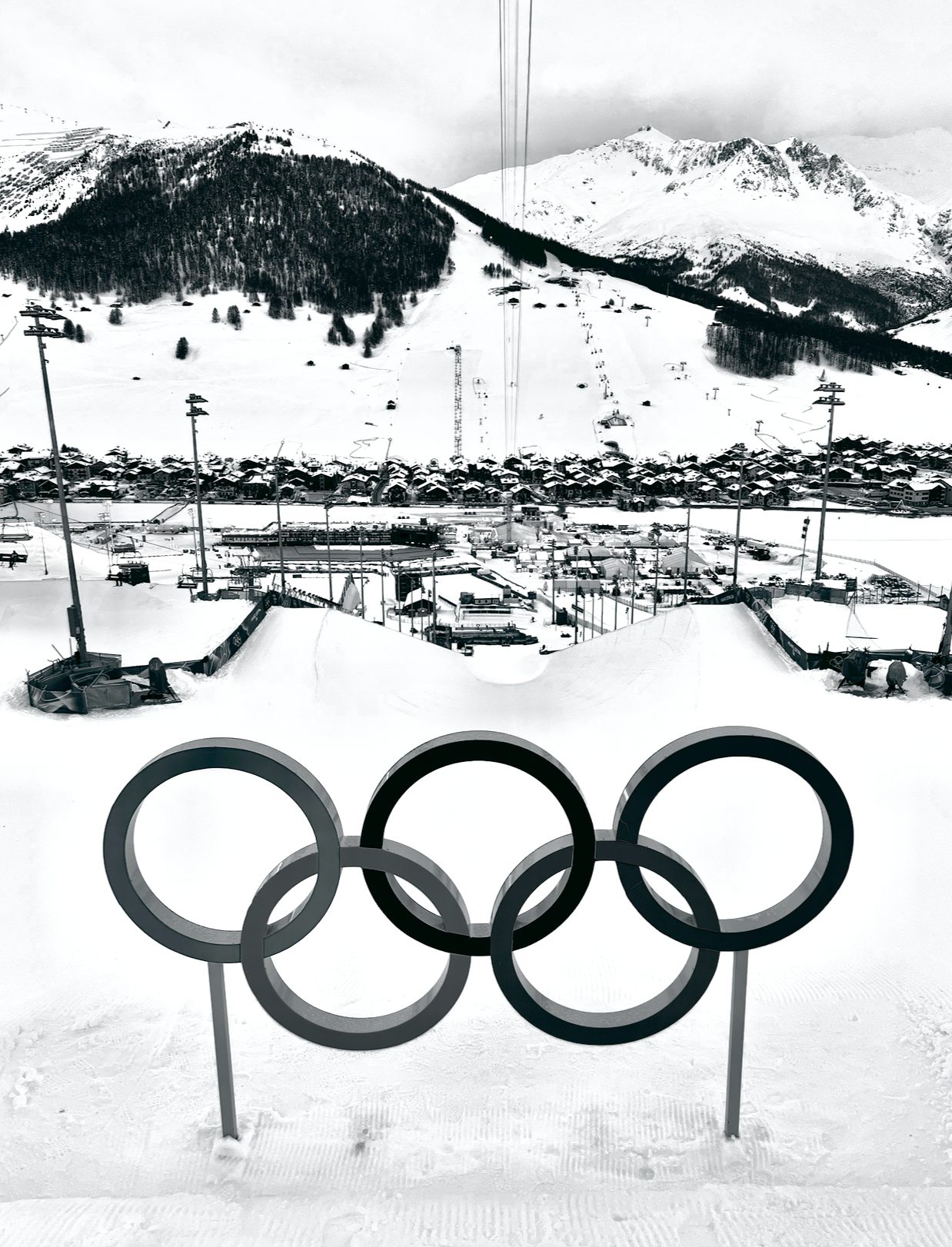 Olympic rings above the Livigno Snow Park venue, Winter Olympics 2026