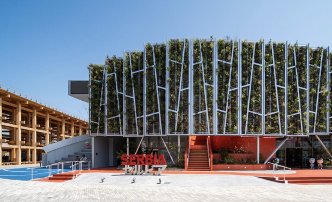 The Serbian Pavilion at Osaka Expo 2025 with its green facade