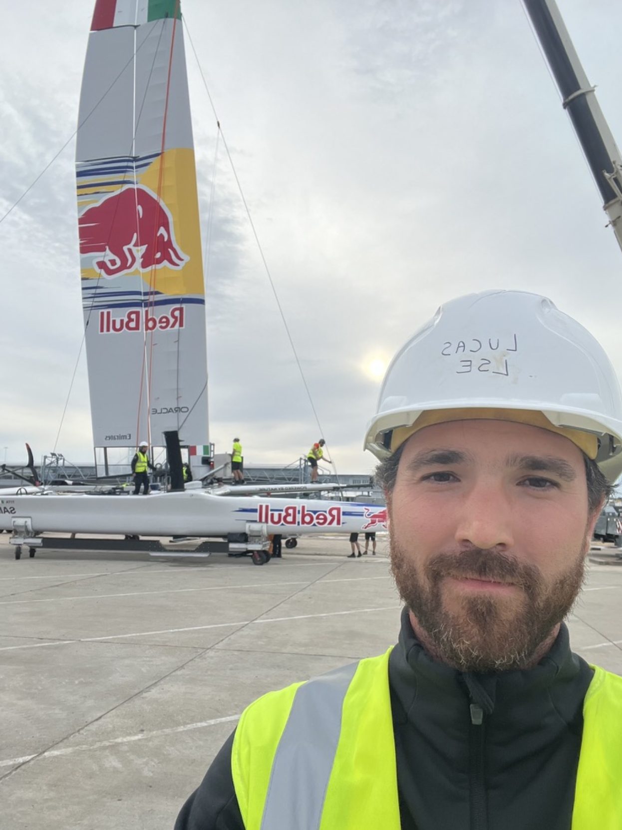 SailGP race boat being prepared at the Portsmouth technical site